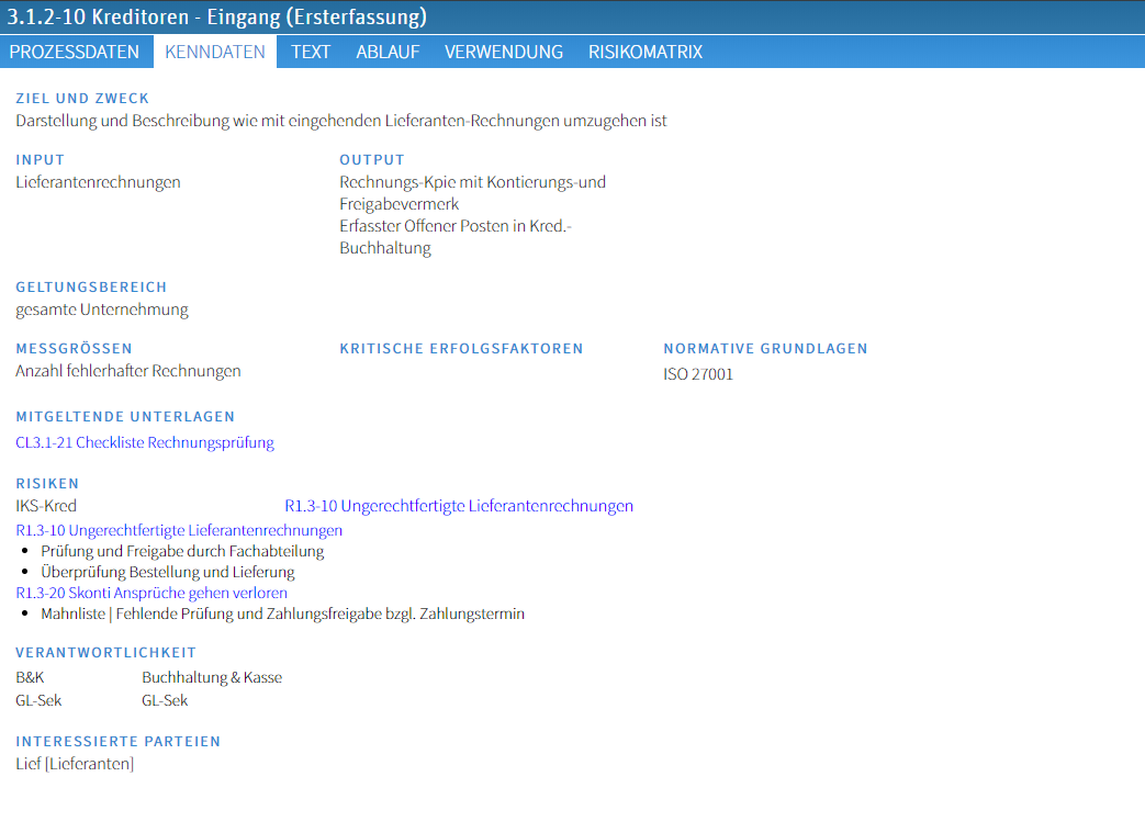 Overview of the process characteristics for process description in the QM Pilot