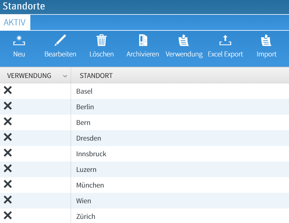 Stammdatentabelle Standorte